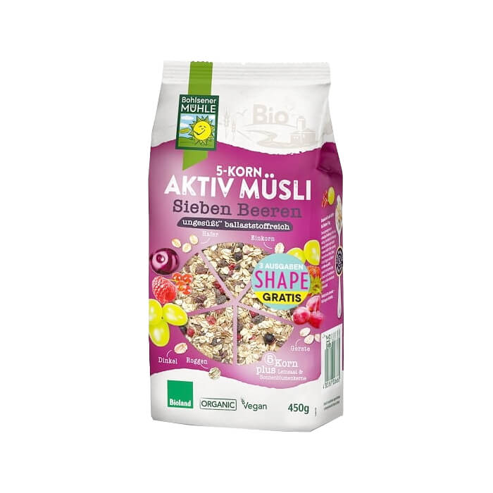 Müsli 5 Cerealien mit Beeren ohne Zuckerzusatz BIO 450 g - BOHLSENER MÜHLE